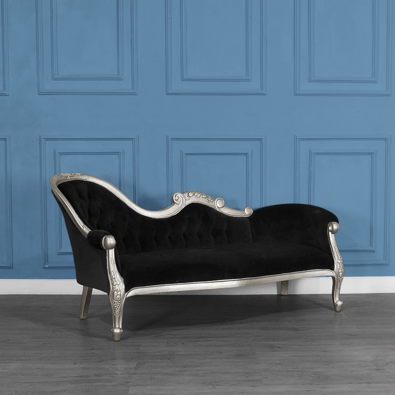 Chaise Longue: Silver Leaf Carved Frame, Black Velvet, French Rococo.