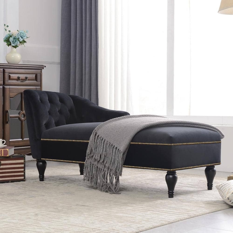 Chaise Lounge: Armless Velvet with Gold Nailhead Trim, Turned Legs.