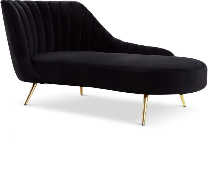 Chaise Lounge: Asymmetrical Channel Tufted Velvet, Gold Tapered Legs.