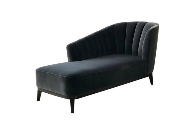 Chaise Lounge: Blue Notte Velvet, Fluted Backrest, Ebony Wood Legs.