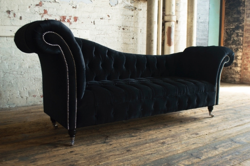 Chaise Lounge: Chesterfield Style, Velvet with Caster Wheels, Tufted.