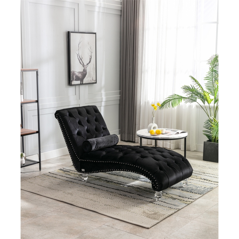 Chaise Lounge: Clear Acrylic Legs, Velvet, Diamond Tufting, Glam Style.