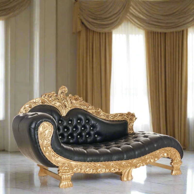 Chaise Lounge: Crystal Accents, Black Leather-Like, Ornate Gold Frame.