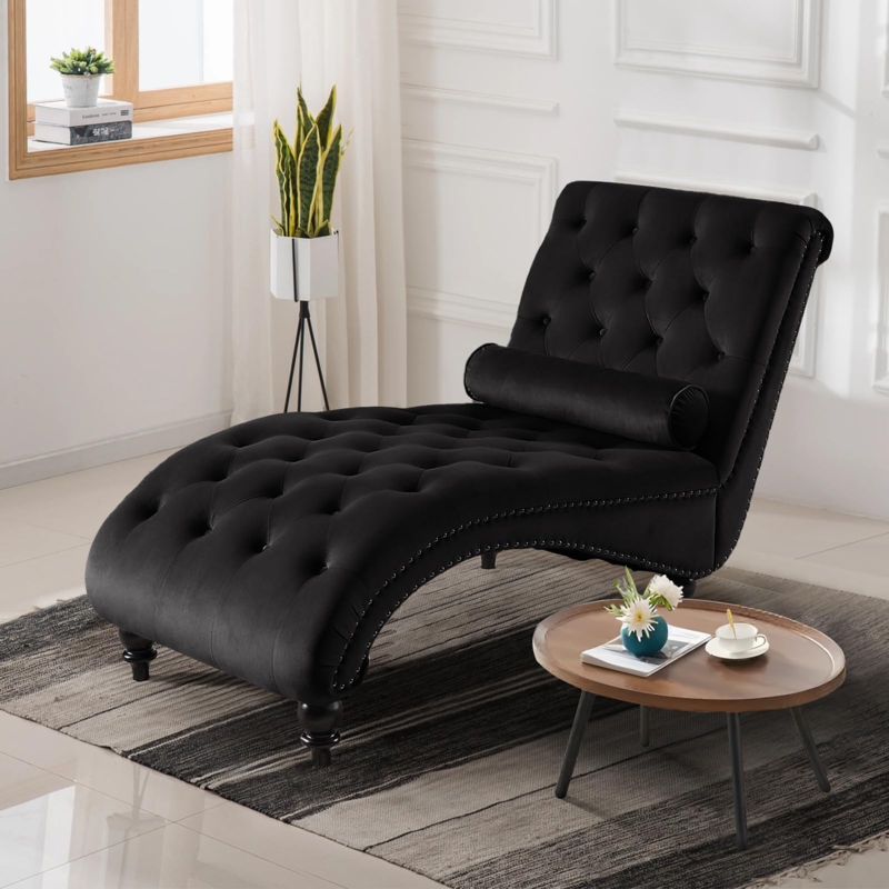 Chaise Lounge: Curved Silhouette, Velvet, Lumbar Bolster, Tufted.