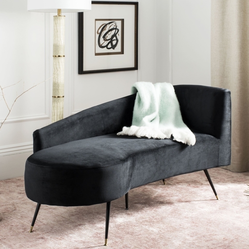 Chaise Lounge: Gold Tipped Legs, Charcoal Black Velvet, Mid-Century Modern.