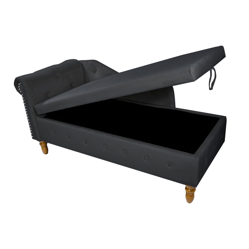 Chaise Lounge: Hidden Storage Compartment, Velvet, Rolled Arm, Tufted.