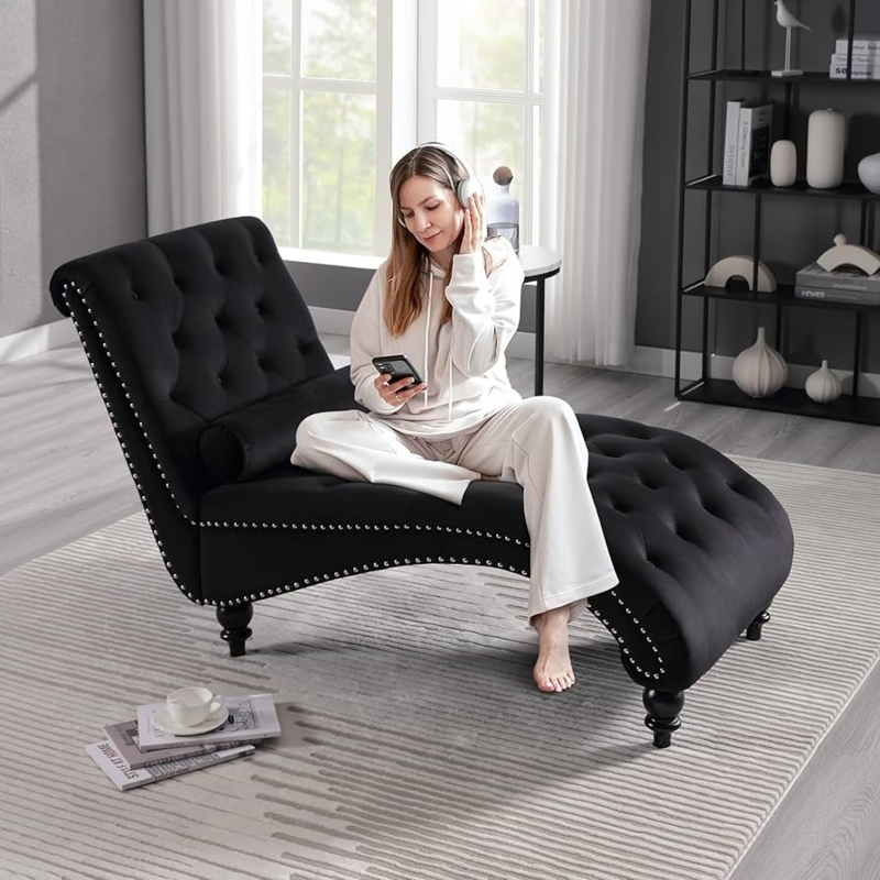 Chaise Lounge: Silver Nailhead Trim, Elegant Rolled Backrest, Velvet.