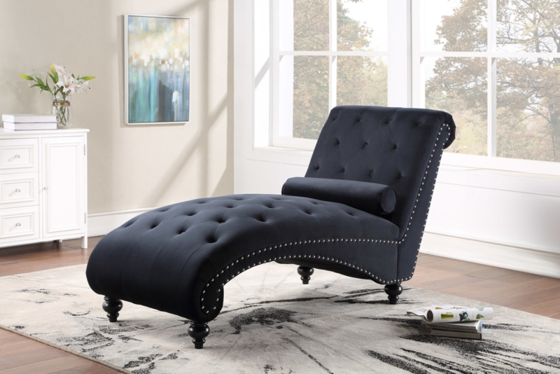 Chaise Lounge: Silver Nailhead Trim, Velvet, Bolster Pillow, S-Curved.