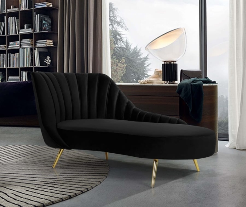 Chaise Lounge: Vertical Channel Tufting, Polished Gold Legs, Scalloped.