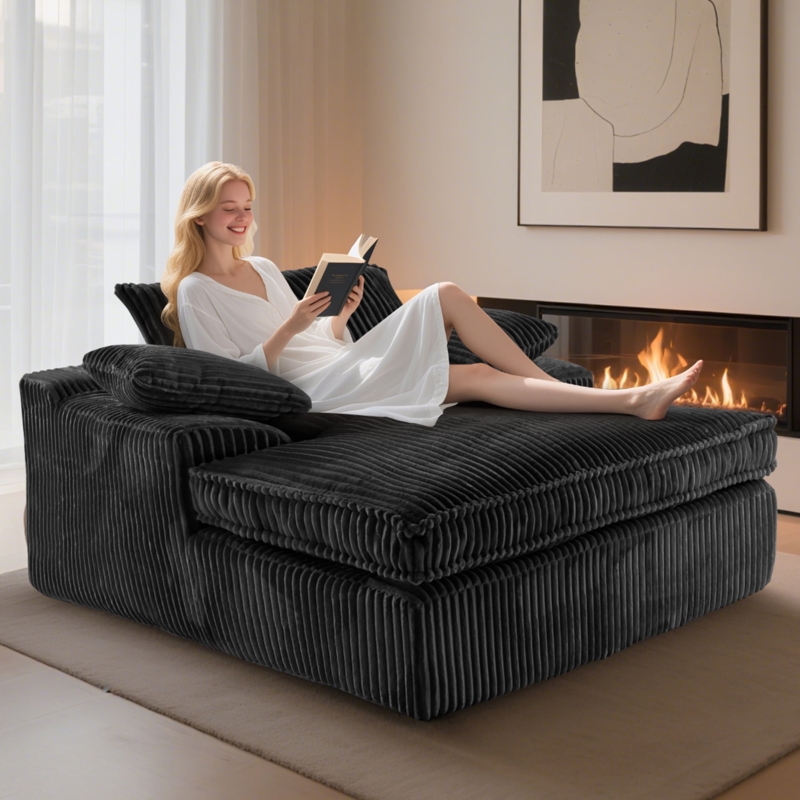 Chaise Lounge: Wide-Wale Ribbed Corduroy, Oversized Seating, Low Profile.