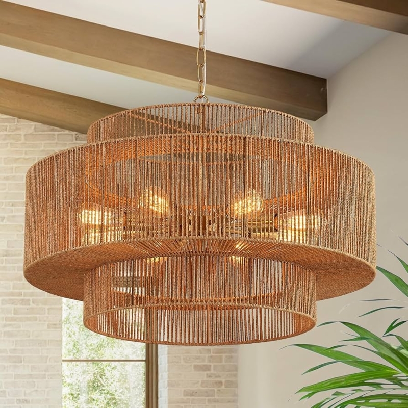 Chandelier 3-Tier Rattan Drum 8-Light with Woven Boho Texture