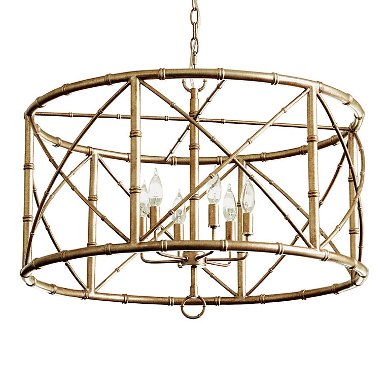 Chandelier Antique Gold Faux Bamboo Drum Cage Six Light Fixture