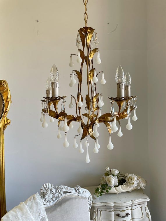 Chandelier Antique Italian Style with White Opaline Glass Drops