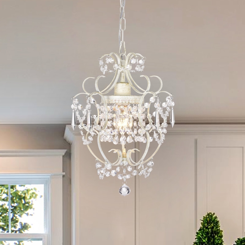 Chandelier Antique White Wrought Iron featuring Central Faceted Ball
