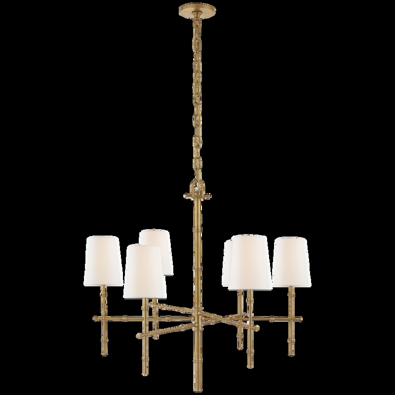 Chandelier Bamboo Textured Brass with Six Tapered Shades Modern
