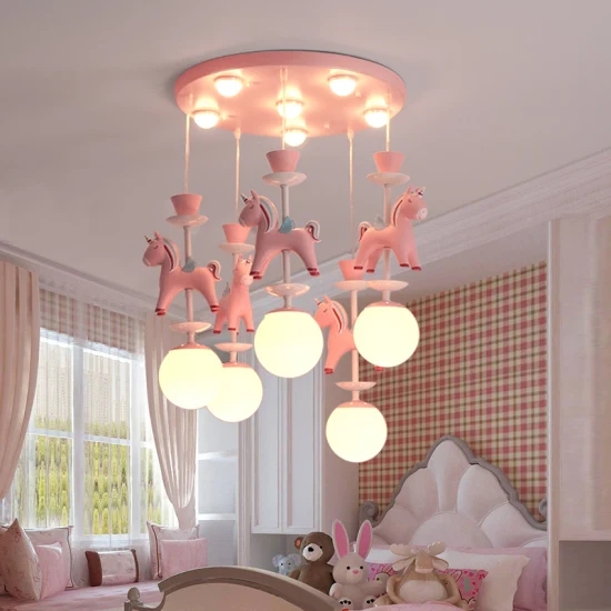 Chandelier Carousel Theme Unicorn Figurines Frosted Globes Pink