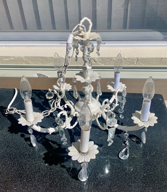 Chandelier Five Light French Farmhouse Style with Ornate Tiered Stem