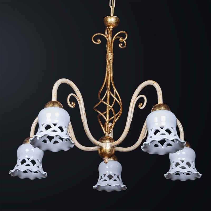 Chandelier Five Light with Lattice Ceramic Shades and Twisted Gold Stem