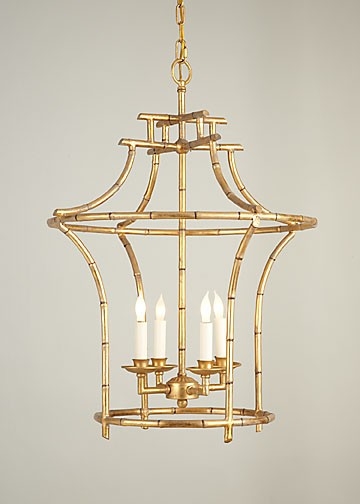 Chandelier Four Light Antique Gold Faux Bamboo Pagoda Lantern