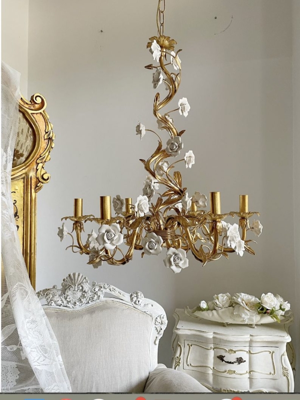 Chandelier Gilded Gold Leaf Frame with White Ceramic Roses and Vines