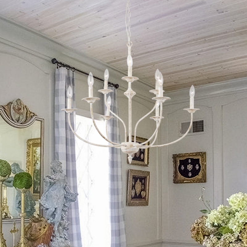 Chandelier Nine Light Two Tiered Design in Distressed Antique White