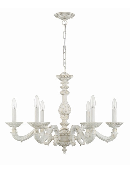 Chandelier Ornate Six Light Fixture in Distressed Whitewash Finish
