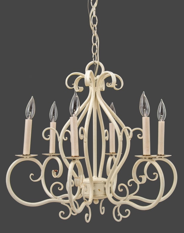 Chandelier Patinated White Six Light Fixture with Central Cage Frame