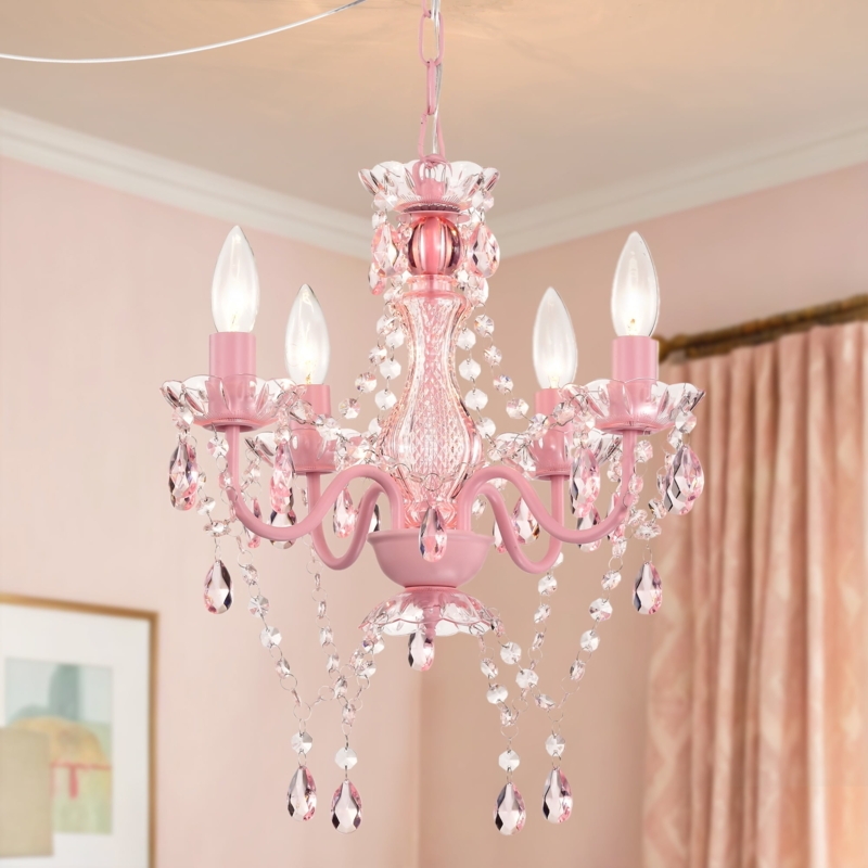 Chandelier Soft Pink Finish Teardrop Crystals Plug In Install