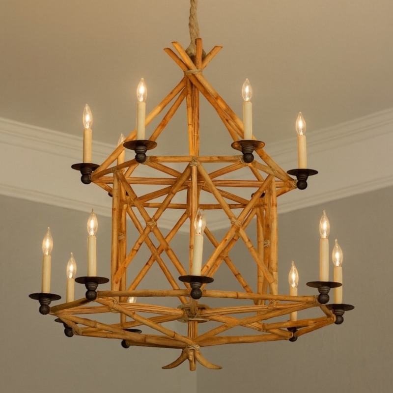 Chandelier Twelve Light Faux Bamboo Two Tier Frame Rope Suspension