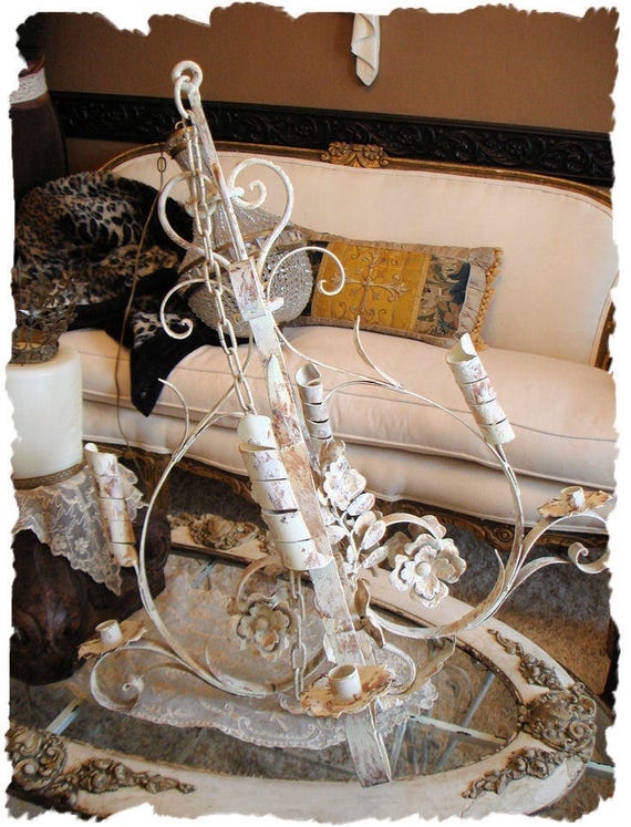 Chandelier Vintage Cast Iron Frame with Distressed Chippy Paint Finish