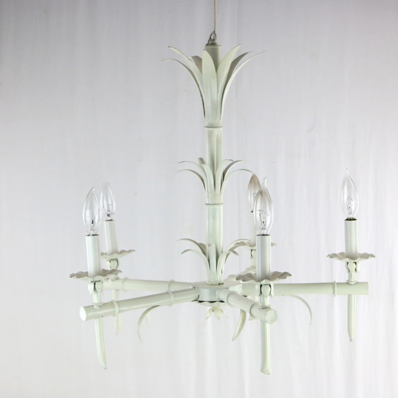 Chandelier White Faux Bamboo with Palm Leaf Accents Hollywood Regency
