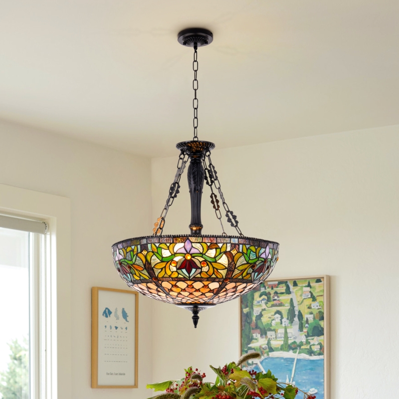 Chandelier with Ornate Central Stem and Floral Stained Glass Bowl