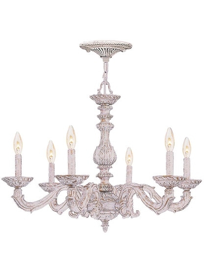 Chandelier with Ornate Turned Spindle in Distressed Antique White