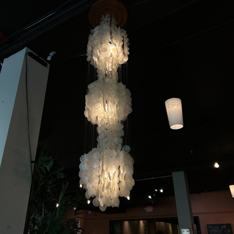 Chandelier with Triple Tiered Cascading Pearlescent Capiz Disks