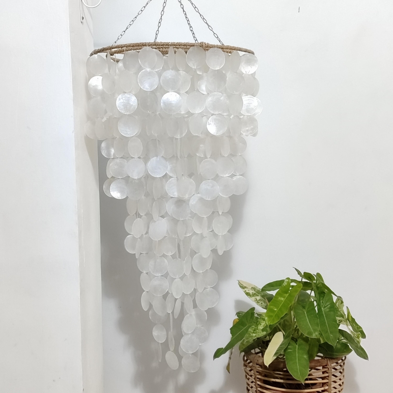 Chandelier with Woven Rattan Ring and Cascading Iridescent Capiz Tiers