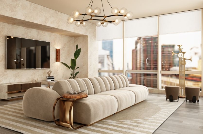 Channel Tufting Modular Sofa Brass Accents Organic Luxury