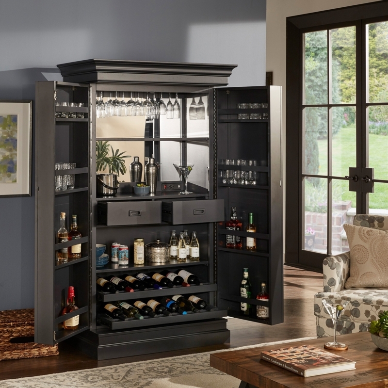 Charcoal Bar Armoire with Swing-Out Doors & Mirror
