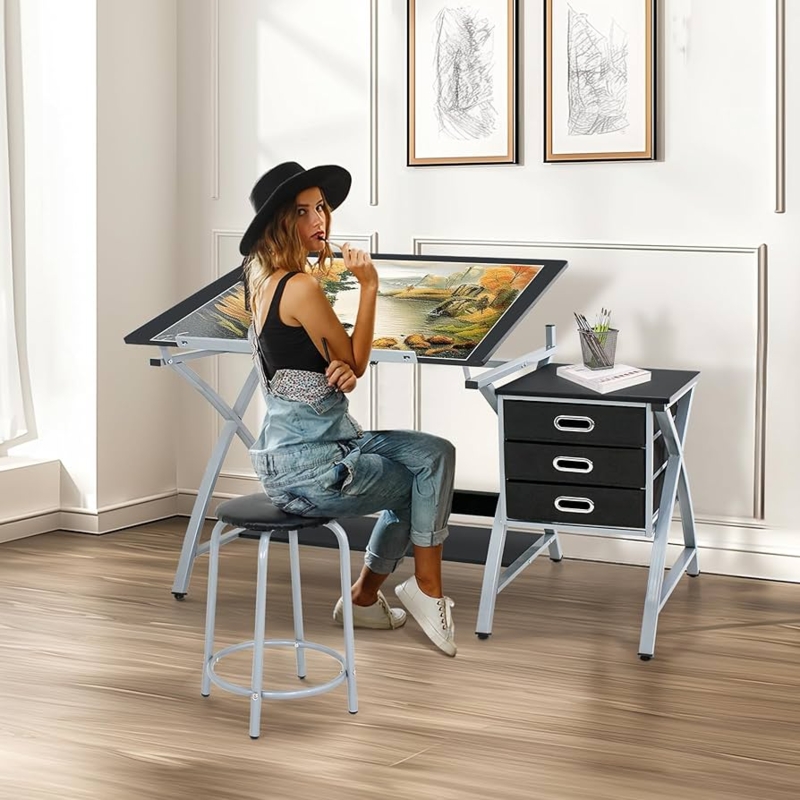 Charcoal Drafting Table Set including Stool and Three-Drawer Storage