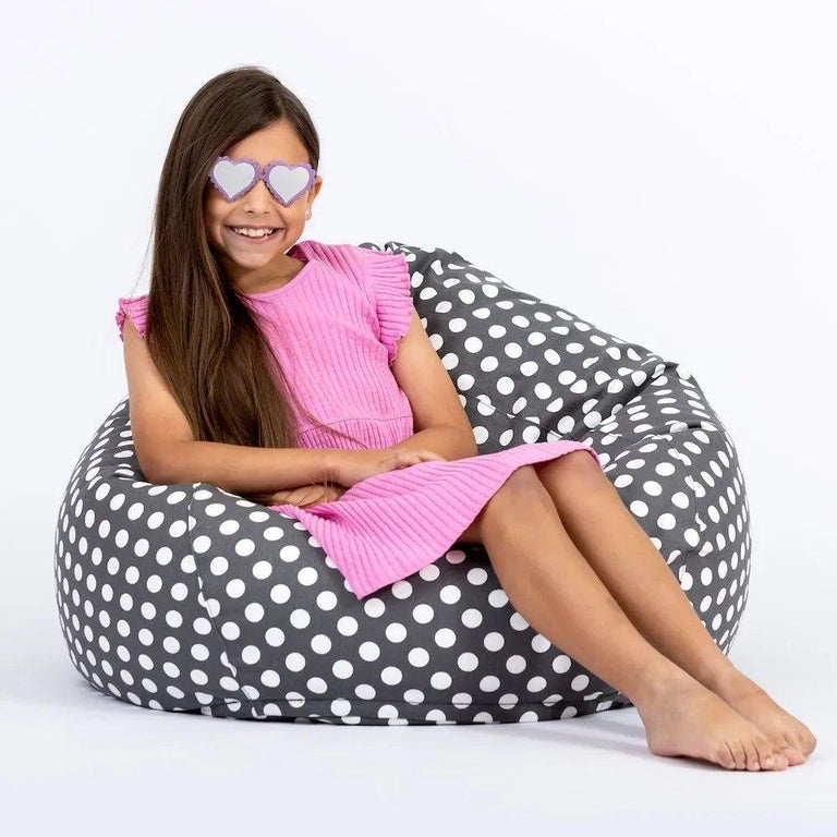 Charcoal Gray Bean Bag with Polka Dot Pattern, Teardrop Silhouette