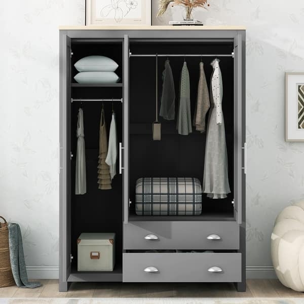 Charcoal Gray Wardrobe Cabinet with Dual Hanging Rods and Base Drawers.