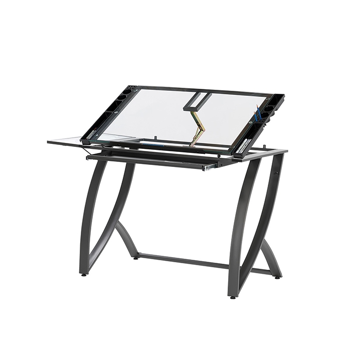 Charcoal Grey Glass Drafting Table with Curved Legs and Side Trays