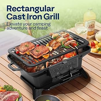 Charcoal Grill, Double Sided Grate, Cast Iron Tabletop Body