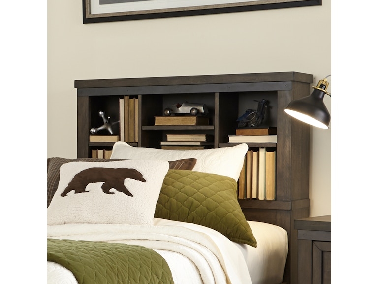 Charcoal Industrial Bookcase Headboard with Riveted Metal Trim