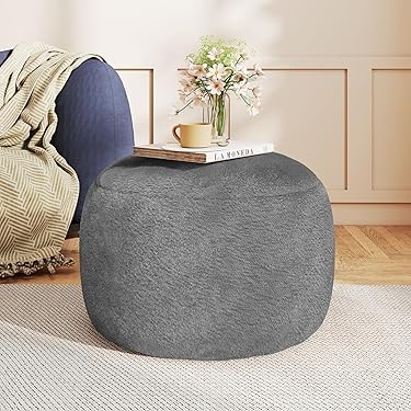 Charcoal Plush Pouf Ottoman with Soft Textured Cylindrical Shape