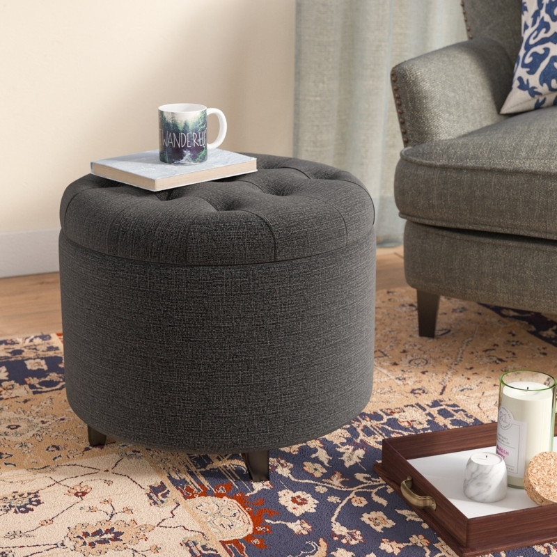 Charcoal Storage Ottoman with Button Tufted Top and Tapered Legs