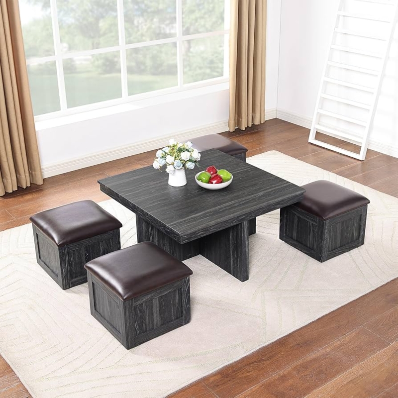 Charcoal Wood-Grain Coffee Table Set with Pedestal Base and Cube Stools