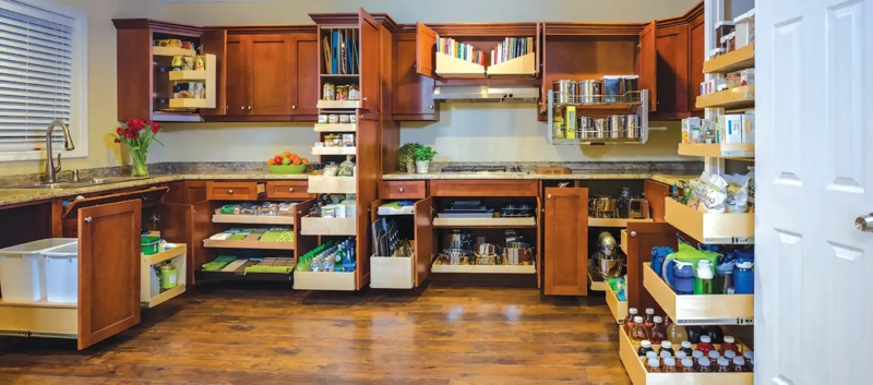 Cherry Wood Corner Cabinetry with Custom Pull-Out Shelving