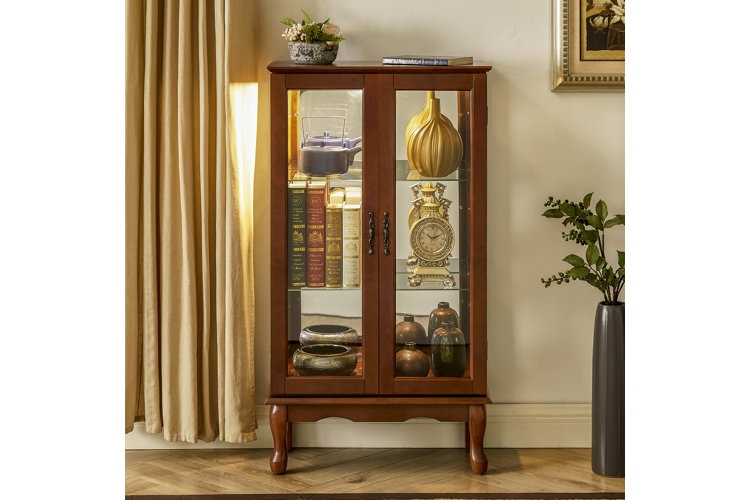 Cherry Wood Curio Cabinet with Interior Lighting and Cabriole Legs