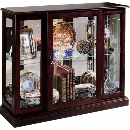Cherry Wood Display Cabinet with Three Panel Front and Mirrored Back