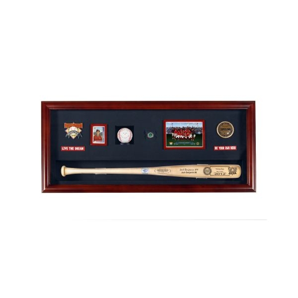 Cherry Wood Toned Shadow Box with Navy Matting and Plaques
